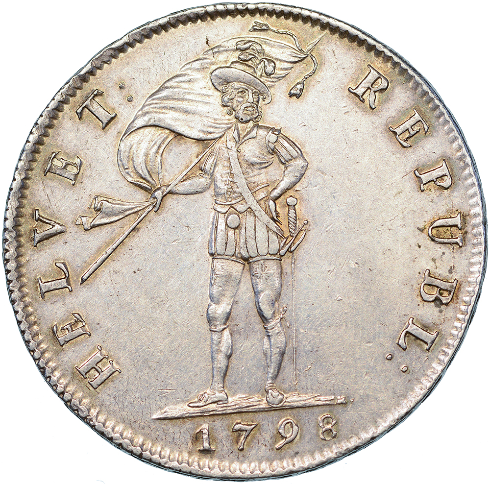 Helv. Republik, 40 Batzen, 1798, unz, Ende Fahnenstange bei "L"