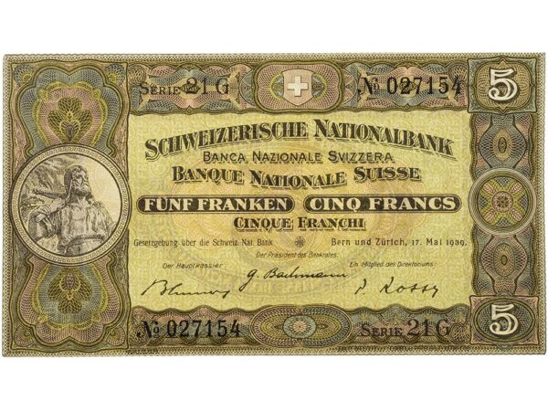 70063_1 5 Franken, 1939, Wilhelm Tell, leichte Gebrauchsspuren, 90%