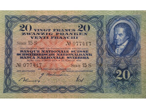 20 Franken, 1942, Heinrich Pestallozzi, wenig gebraucht - > 75%